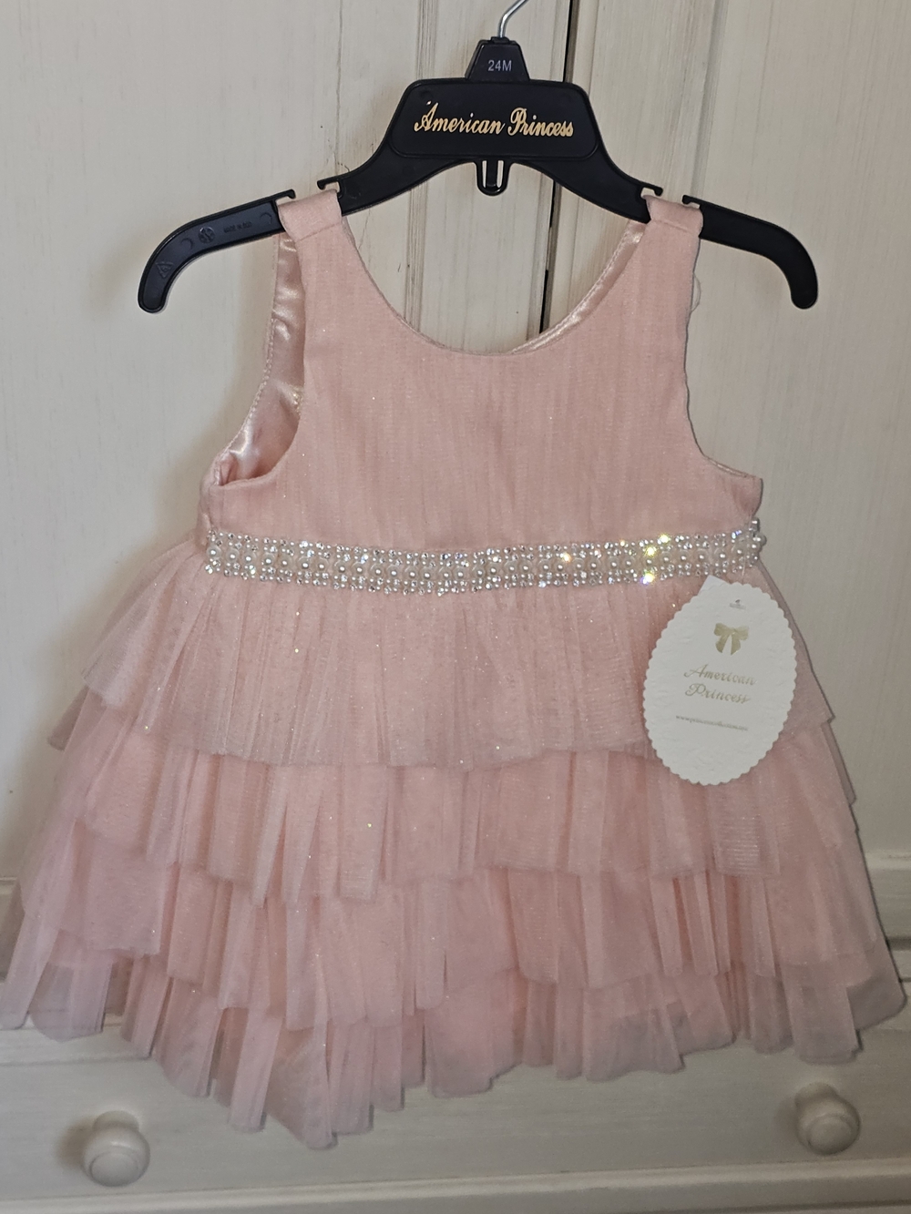 American Princess Blush Pink Tulle Tiered Party Dress with Rhinestone Waist